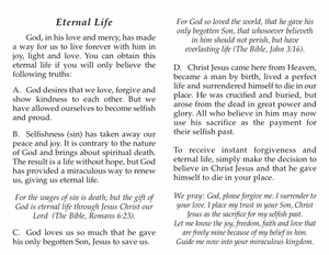 The Secret to Eternal Life (250 Bible tracts $ .03 each)
